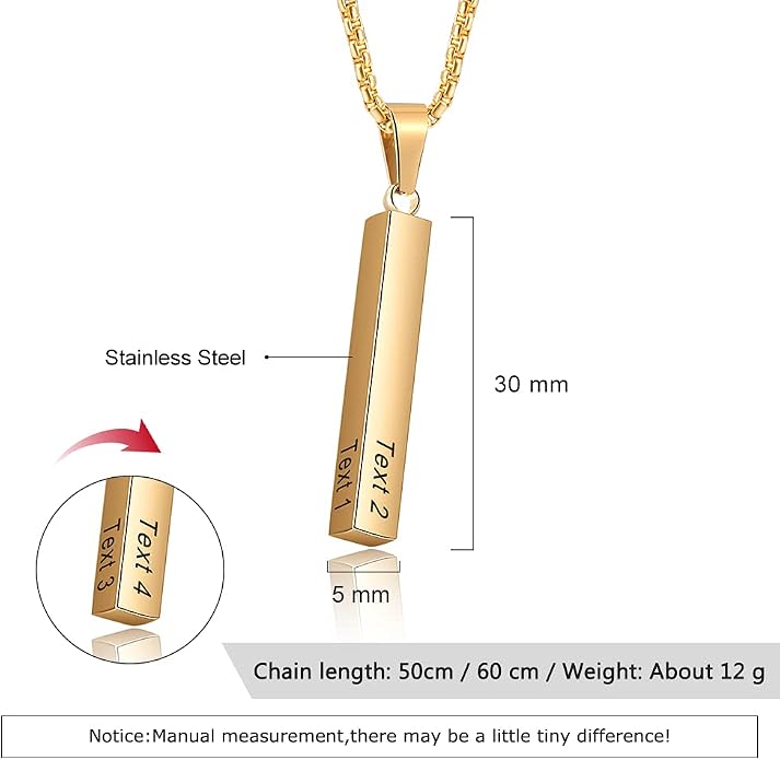 Personalized Men's Name Bar Necklace Engraved Initial Name Stainless Steel Vertical Bar Necklace for Father Husband Boyfriend Birthday