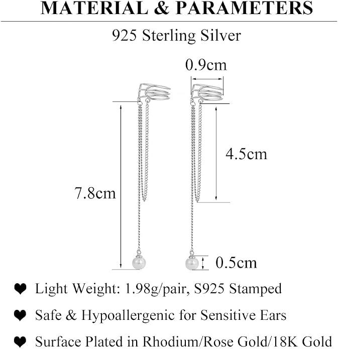 SLUYNZ 925 Sterling Silver No Piercing Cuff Earrings Chain for Women Wrap Earrings Pearl Tassel Clip On Ear