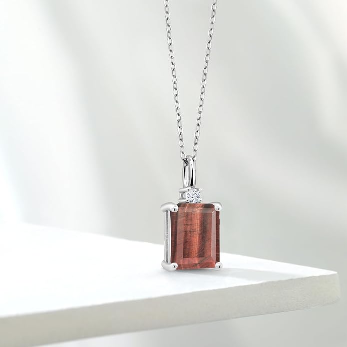 Gem Stone King 925 Sterling Silver Gemstone Birthstone Pendant Necklace for Women | Emerald Cut 10X8MM and Round 2MM | With 18 Inch Chain | Fine Jewelry for Her Mom Wife