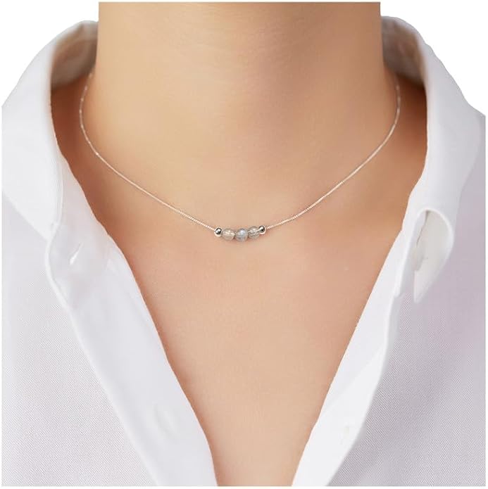 Dainty Crystal 925 Sterling Silver Choker Collar Necklace Handmade With 3 Beads Birthstone Jewelry Gifts for Women Young Lady Mother Friends Keenove