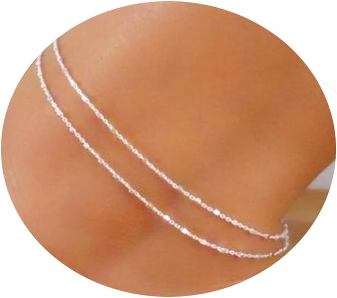 Pencros Dainty Layered Anklet,14K Gold Filled Cute Beads Satellite Chain Heart Boho Adjustable Anklets for Women