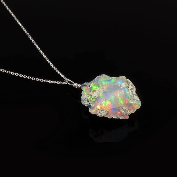 Ultra Fire Raw Ethiopian Opal Rough Dainty Pendant Necklace For Women, Healing Chakra Crystals, Handmade October Birthstone Jewelry, 925 Silver Chain 18 inch, Wedding Gift