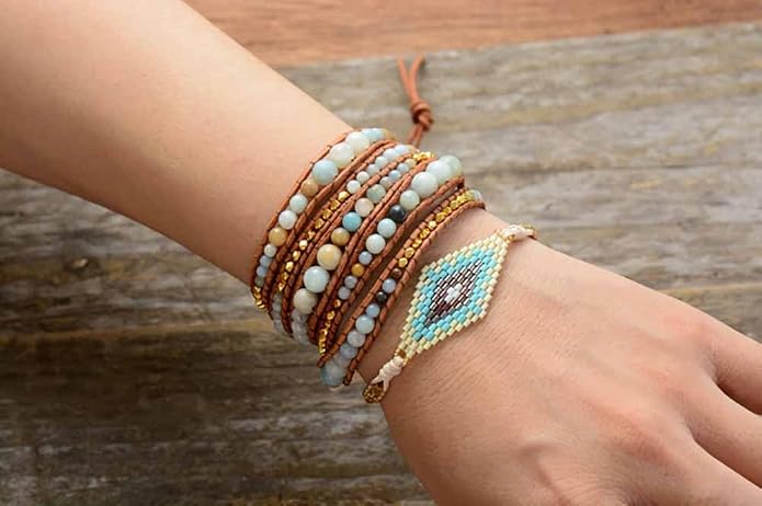Boho Wrap Bead Bracelet for Women - Handmade Adjustable Natural Stone Beaded Bracelets Yoga Healing Bracelet Bangle Hippie Jewelry