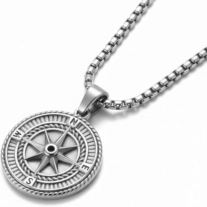 Galis Mens Necklace - Premium Stainless Steel Silver Chain Necklace, Non Tarnish, Chains, Triangle, Cross, Black Enamel, Compass Pendant, Stylish Jewelry - Gift for Him 24"