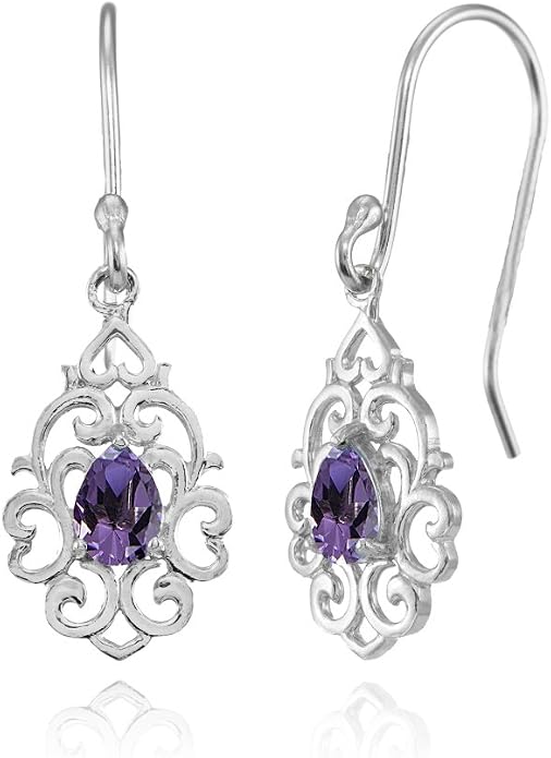 Sterling Silver Genuine or Created Gemstone Filigree Heart Teardrop Dangle Earrings