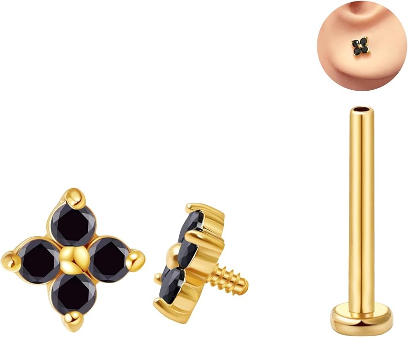 FANSING CZ Flower Internally Threaded Flat Back Earring Labret Stud for Cartilage Tragus Helix Conch