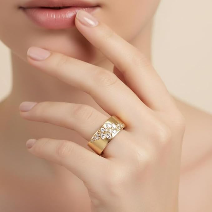 9mm 14K Gold Filled Rings for Women Dainty Gold Stacking Stackable Band,Shiny CZ Paving Flower Leaf Pattern Polished Wedding Engagement Band Jewelry Gifts(8)
