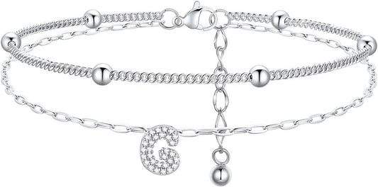 FindChic Silver/14K Gold Plated Layered CZ Initial Ankle Bracelet for Women | Waterproof Stainless Steel, Cubic Zirconia Letter Charm, Non-Tarnish, Hypoallergenic, Adjustable Extender, Summer Jewelry