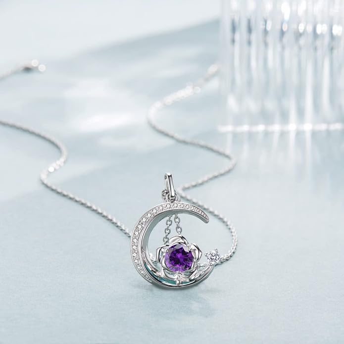 Birthstone Necklace for Women Sterling Silver Moon Pendant Necklaces Anniversary Birthday Fine Jewelry Gifts for Her Women Mother, Adjustable Chain