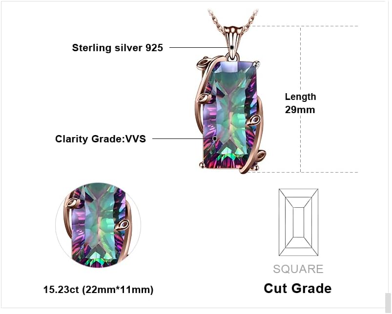 JewelryPalace Multicolor Luxurious 15.2ct Rectangle Genuine Mystic Quartz Pendant Necklaces for Women, 14K White Yellow Rose Plated Gold 925 Sterling Silver Natural Gemstones, 18 Inches Chain