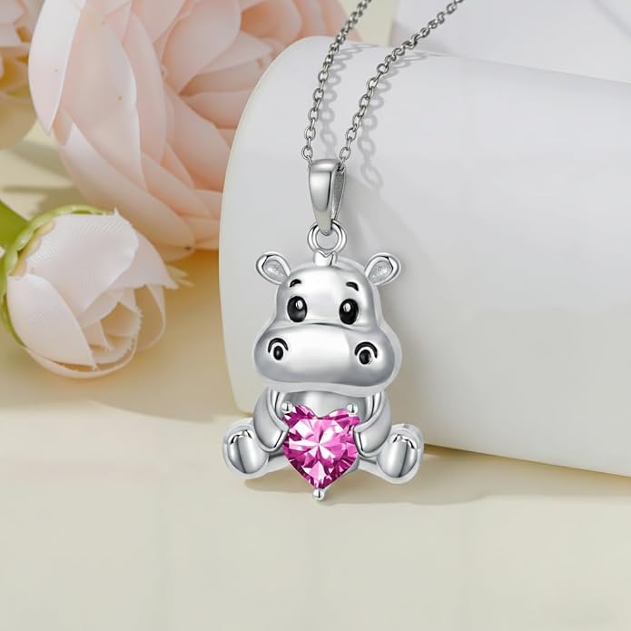 PROESS Animal Birthstone Necklace 925 Sterling Silver Otter/Axolotl/Hippo/Elephant/Dachshund/Monkey/Red Panda Pendant Necklace Animal Birthstone Jewelry Gifts for Women