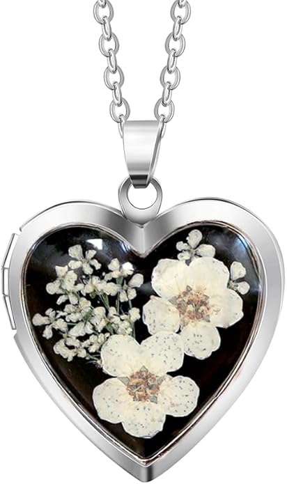Handmade Heart Shaped Dried Pressed Forget Me Not Flower Photo Locket Pendant Necklace
