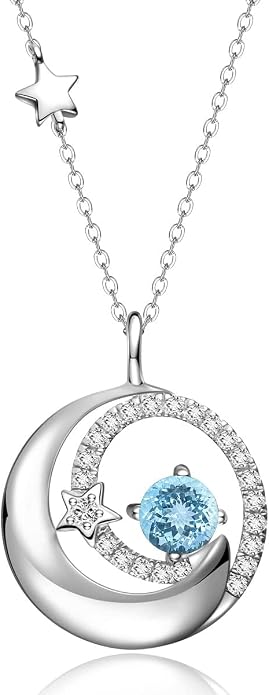 FANCIME Birthstone Necklaces 925 Sterling Silver Moon and Star Pendant Fine Jewelry Birthday Mothers Day Gifts for Mom Wife Her Daughter, Adjustable Chain 16+2"