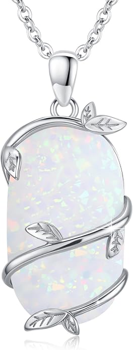 Bar Opal Leaf Necklace For Women S925 Sterling Silver White Opal Pendant with Leaf Charm Bar Pendant Jewelry Gift For Mom Daughter Wife