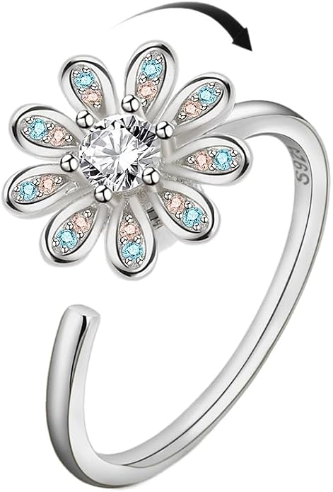 Fidget Ring Anxiety Spinner Ring Open Adjustable Sunflower Star Moon Windmill Butterfly Rings Daisy Stress Relieving Fidget Women Cubic Zirconia Anti Stress Mood Rotate Inspirations Jewelry