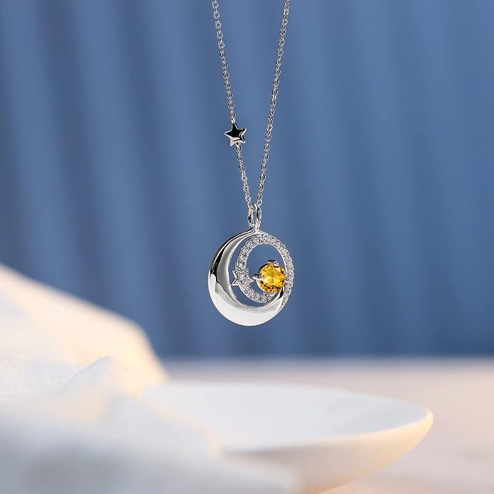 FANCIME Birthstone Necklaces 925 Sterling Silver Moon and Star Pendant Fine Jewelry Birthday Mothers Day Gifts for Mom Wife Her Daughter, Adjustable Chain 16+2"
