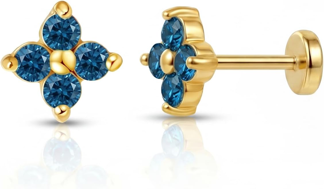 FANSING Short Threadless Cartilage Earring Stackable CZ Birthstone Flat Back Earrings for Women Small Stud Earrings for Tragus Helix Earlobe 18K Gold Plated ‌Rainbow 5.0mm