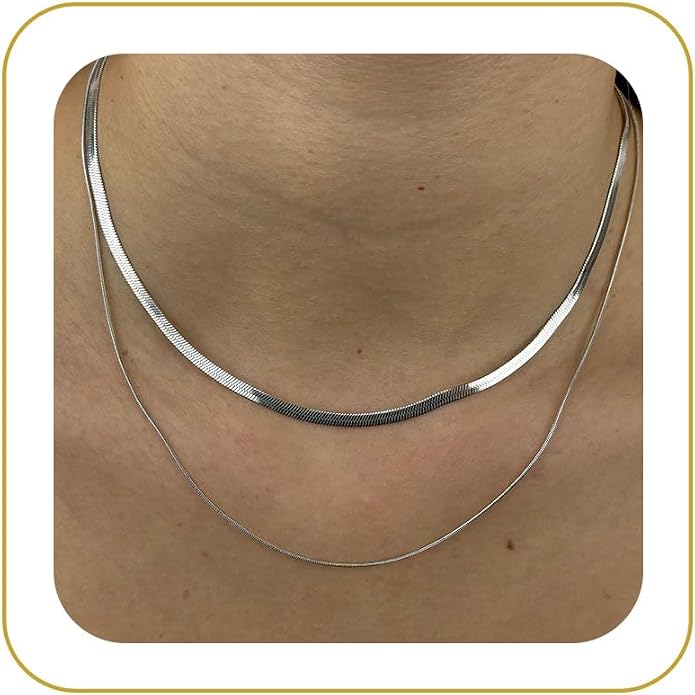 Tewiky Layered Necklaces for Women Non Tarnish- Chunky 14k Gold Plated Herringbone/Snake/Rope/Box/Cuban Link Chain for Women Waterproof Layering Stack Choker Necklace Trendy Dainty Tarnish Free Jewelry Set