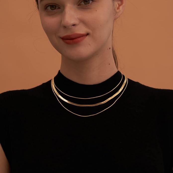CHESKY 14K Gold/Silver Plated Snake Chain Necklace Herringbone Necklace Gold Choker Necklaces for Women Gifts Jewelry 1.5/3/5MM(W) 14"/16"(L) Mothers Day Gifts for Mom