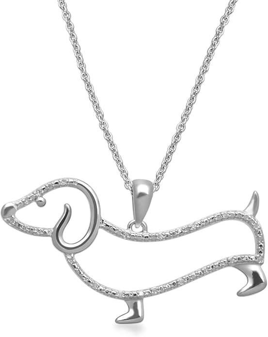 Jewelili Sterling Silver Dachsund Dog Pendant Necklace | Natural White Round Diamonds | 18" Rolo Chain | Gift Box Included | Timeless Fashion Jewelry