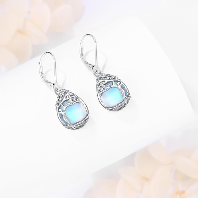 925 Sterling Silver Earrings Tree of Life/Cat/Animal/Turquoise/Moonstone Dangle Drop Earrings for Women Leverback Earring Hypoallergenic Jewelry Gifts