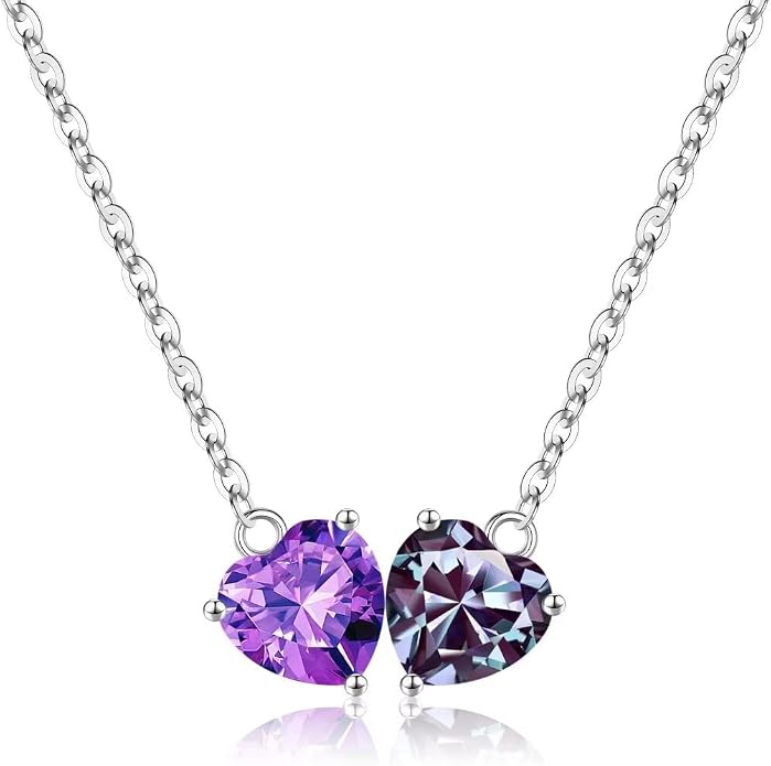 Iefil 1.25Ct Double Heart Birthstone Necklace - 925 Sterling Silver Birthstone Necklace, Birthday Gifts for Women, Jewelry Gifts for Mom Daughter Wife
