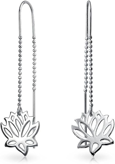 Bling Jewelry Spiritual Zen Lotus Flower Earrings .925 Sterling Silver Long Chain Threader Stabilizing U Hook