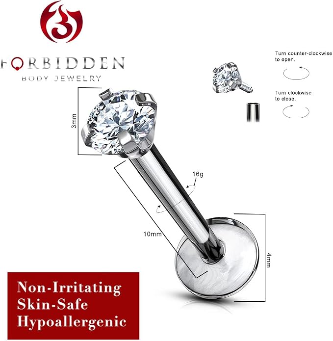16 g Titanium Internally Threaded Tragus Piercing Jewelry CZ Top Flat Back Piercing Nose Studs Earring, Helix, Cartilage, Labret, Monroe for Women or Men