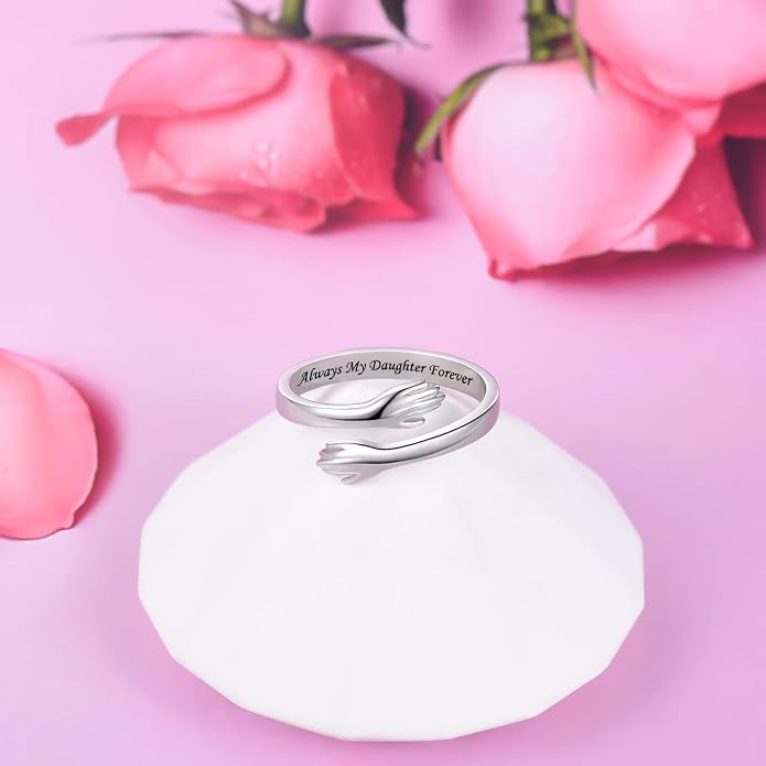 S925 Sterling Silver Hug Rings for Women Teen Girls Adjustable Ring for Granddaughter Daughter Hope Promise Friendship Hand Ring Jewelry for Birthday Graduation Christmas Mothers Day Valentines Gifts