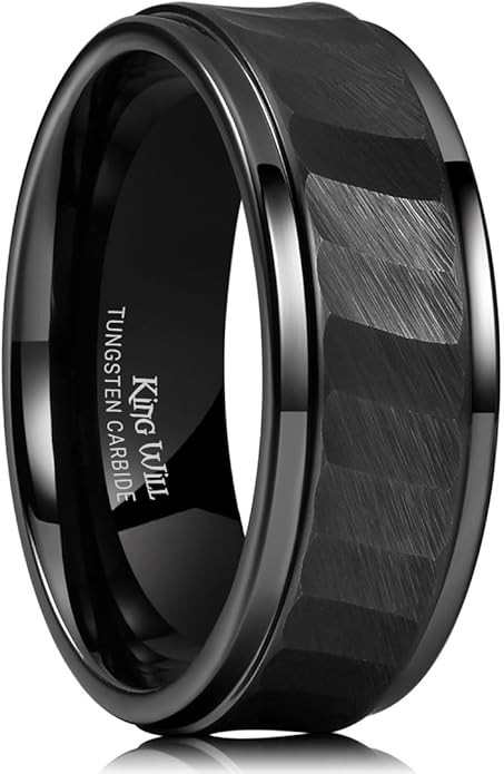 King Will Classic Tungsten Carbide Ring Brushed Two Grooved Center Hammered Design Mens Wedding Band for Men