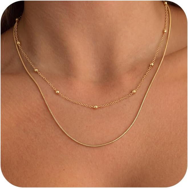 Tewiky Layered Necklaces for Women Non Tarnish- Chunky 14k Gold Plated Herringbone/Snake/Rope/Box/Cuban Link Chain for Women Waterproof Layering Stack Choker Necklace Trendy Dainty Tarnish Free Jewelry Set