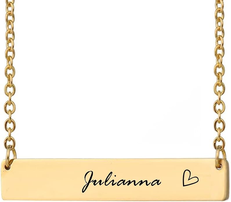 HUAN XUN Custom Bar Necklace Personalized Engraved Name Bar Necklace for Women Customized Stainless Steel Heart Pendant Bar Jewelry Gift for Her Mother Day Christmas