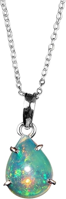 Natural Ethiopian Opal Silver Necklace For Women Dainty Cabochon Pendant, October Birthstone, Real Fire Play Pendants for Women, 925 S Adjustable 18 inch Chain, Mother's Day Jewelry Gift - Mom