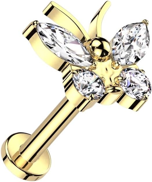 Pierced Owl 16GA ASTM F-136 Implant Grade Titanium Internally Threaded CZ Crystal Butterfly Flat Back Stud