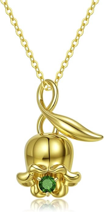 Birth Flower Birthstone Necklace for Women: Solid 925 Sterling Silver 14K Gold Plated Hypoallergenic Non-tarnish, Birth Month Flower Necklace Personalized Birthday Gifts for Wife Girlfriend Daughter