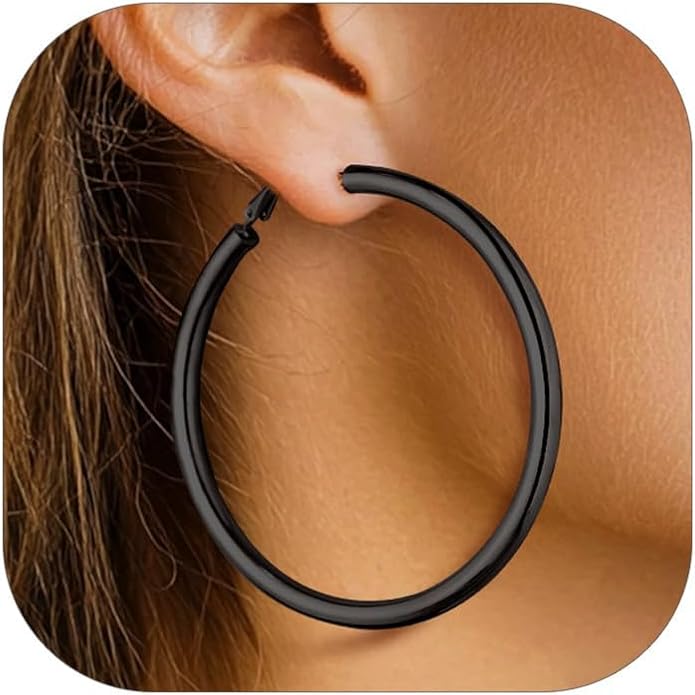 FaithHeart Chunky Hoop Earrings for Women, Silver/Black/14K Gold Plated Stainless Steel Earrings 5mm Thick Hollow Tube Hoops Hypoallergenic Lightweight Earring 20/30/40/50/60/70/80mm