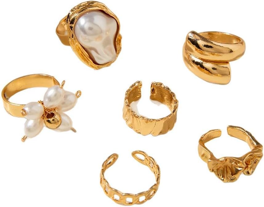 Chunky Gold Irregular Rings Stack Set for Women Statement Baroque Pearl Flower Stackable Knuckle Finger Ring Non Tarnish Boho Hammered Jewelry Gifts