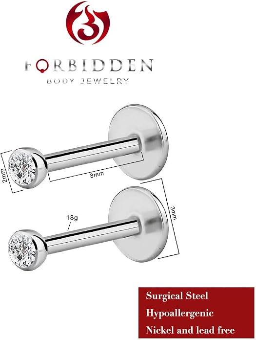 Forbidden Body Jewelry Surgical Steel Earrings Internally Threaded Micro CZ Gem Top Tragus/Helix/Labret Stud with 2mm Top 18G (4mm-10mm)