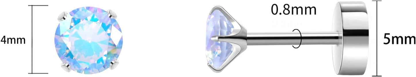Titanium Earrings for Women Stud Earrings Cubic Zirconia Dainty Screw Flat Back Hypoallergenic Earrings for Women for Multiple Cartilage Helix Conch Tragus Piercing Jewelry for Sensitive Ears