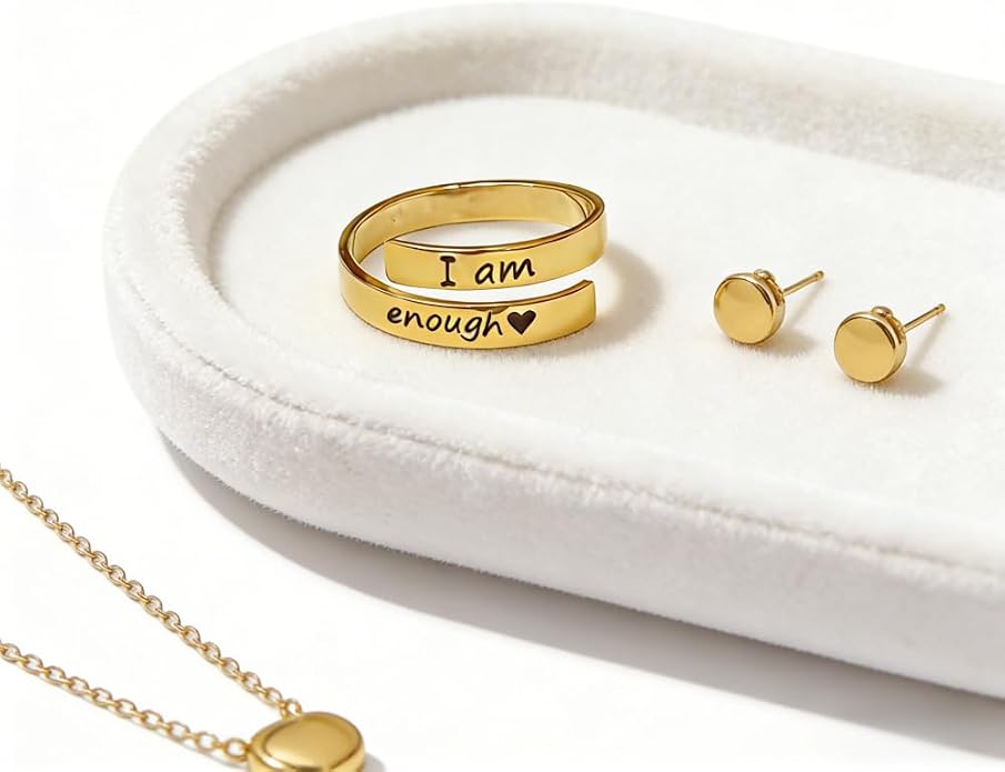I Am Enough Ring For Women, Self Love Silver Open Band Gold Rings Card Engraved Motivation Stackable Inspirational Neighbor Bestie Friendship Jewelry