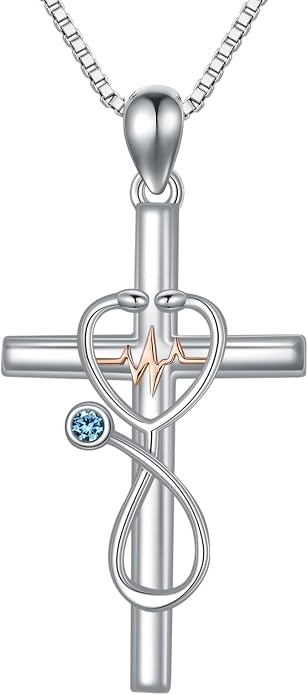 HPQQ Gifts for Nurse Sterling Silver Stethoscope Cross Necklace Nurses Birthstone Jewelry Nursing Themed Medicine Nurses Week Graduation Gifts Doctor Medical Student RN
