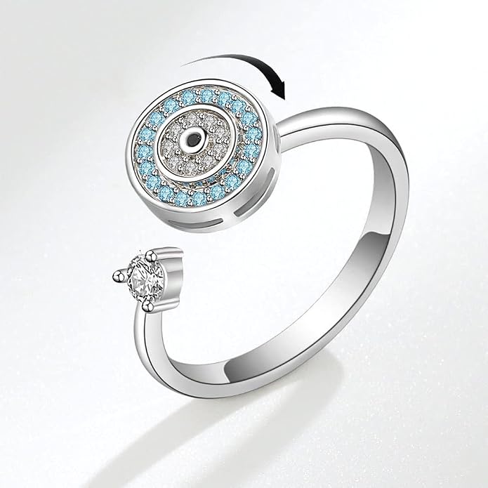 Cubic Zirconia Blue Turkish Evil Eye Remote Fidget Spinner Anxiety Rings | Rotatable fidget design provides discreet stress relief and helps improve daily focus and calmness at work.