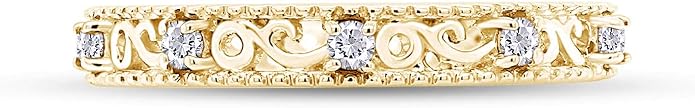 Jewel Zone US Filigree Eternity Wedding Band Ring for Women, Round Cut Simulated Gemstone Stackable Promise Ring in 14K Gold Plated 925 Sterling Silver Band Width 3.5mm – Elegant Jewelry for Her