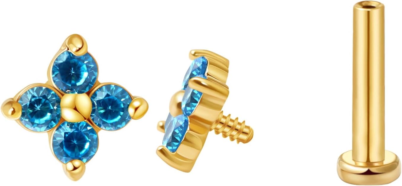 FANSING CZ Flower Internally Threaded Flat Back Earring Labret Stud for Cartilage Tragus Helix Conch