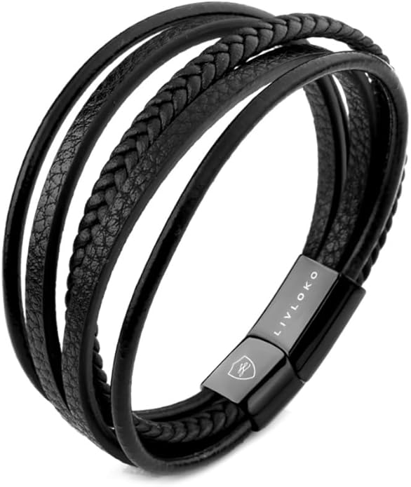 LONDON Mens Bracelet Leather Black Multi-Layer Stone Beads Adjustable Steel Clasp Viking Rope Bands Surfer Man Wristband Male UK Jewellery Gift box Boyfriend Dad Son Brother Tiger Eye