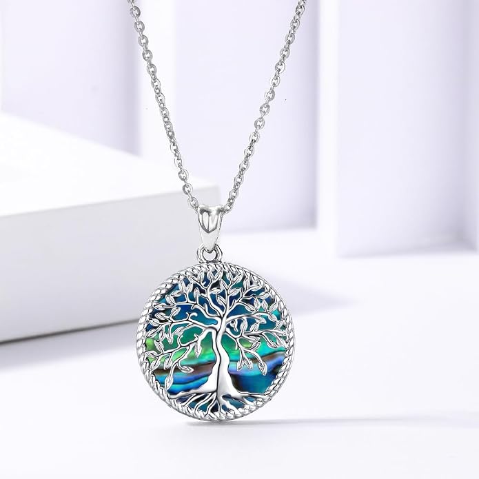 Aniu Tree of Life Necklace for Women, 925 Sterling Silver Mother of Pearl Family Palm Tree Charm Pendant Jewelry for Birthday Christmas Gift