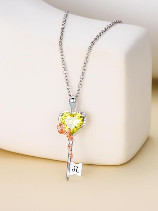 OCJ Zodiac Necklace for Women 925 Sterling Silver Rose Flower Key Pendant Necklaces Zodiac Birthstone Jewelry Wife Birthday Anniversary Christmas Gifts for Her