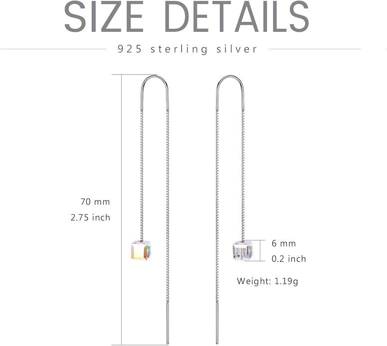 AOBOCO Heart/Butterfly/Cube Threader Dangle Drop Earrings - 925 Sterling Silver Long Chain Earring for Women Baroque Hook Drop Earrings Crystals from Austria