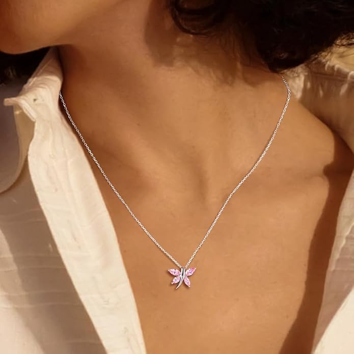 925 Sterling Silver Birthstone Necklaces for Women, Dainty Cute Dragonfly/Butterfly Pendant Necklace, Great Christmas/Anniversary Jewelry for Mother