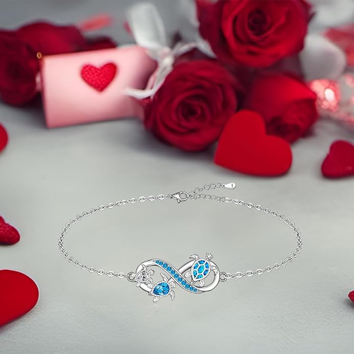 Fenthring Turtle Anklet S925 Sterling Silver Blue Opal Sea Turtle Ankle Bracelets for Women Infinity Wave Ocean Beach Summer Foot Bracelet Jewelry Layered Adjustable